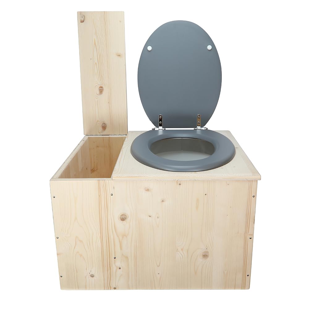 Toilette sèche en bois avec bac à copeaux intégré, bavette inox et seau 22L plastique - La Bac Gris clair 22 litres - Fabrication Française - N4