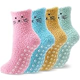 Geyoga 4 Pcs Grip Cat Fuzzy Socks for Women Cute Yoga Cozy Winter Soft Warm Non Slip Sock for Pilates Dance Workout(Classic)