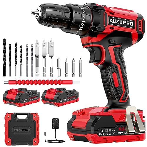 Taladro Percutor a Bateria 21V, KUZUPRO Taladro Atornillador Bateria con 2*2.0Ah Baterías, Atornillador Electrico 42Nm, 25 * 3 Ajuste de Par, 14 Accesorios, 2 Velocidad, LED Luz Para Hogar, Bricolaje