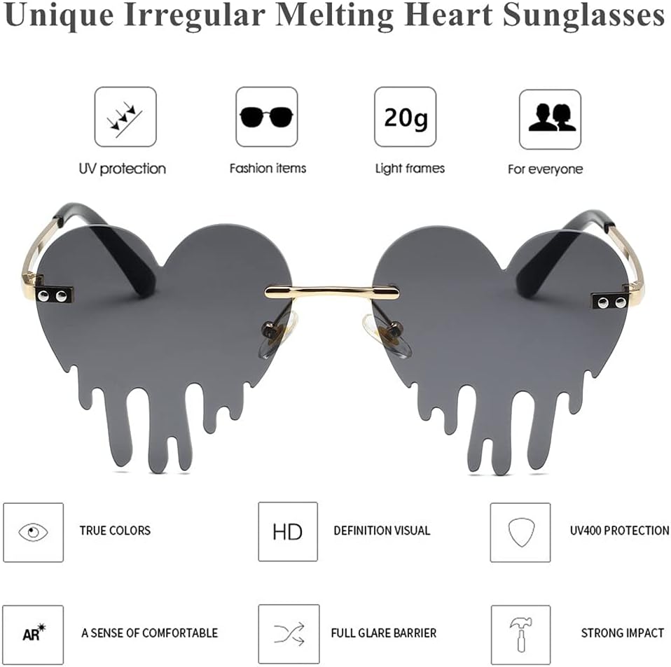 LASPOR Melting Heart Sunglasses for Women Men Rimless Love Dripping Party Glasses Gold Metal Frameless Tear Drop Eyewear - Image 4
