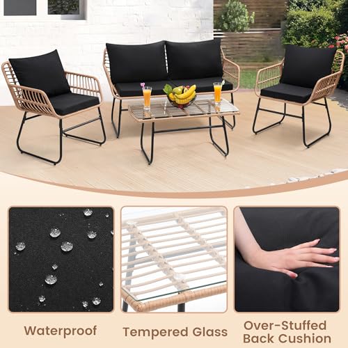 Image of Kromax 4-Piece Patio Bistro Outdoor Furniture Set, Natura /Black | Outdoor All-Weather Wicker Furniture Chairs and Side Table Set, Ideal for Balcony, Porch and Backyard