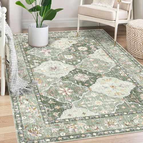 Boho Vintage Area Rugs 5×7 Washable Non-Slip Traditional Green Ca...