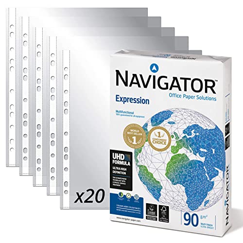 Pack Paquete de 500 Folios Navigator Universal A4 90gr + Fundas Multitaladro Plástico para Folios, Paquete de Folios Din A4...