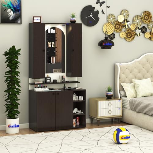 Image of Anikaa Opulex Engineered Wood Dressing Table with Mirror Cabinet, LED Lights, Storage Shelves & Back Panel - Wall Mounted Makeup Vanity & Organizer for Bedroom -(Wenge /White) DIY Installation