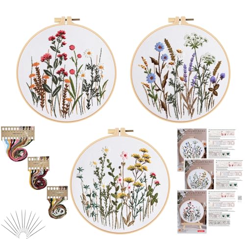 Image of GLTAYLMY Flower Embroidery Kit for Beginners with Pattern and Instructions,3 Pack Cross Stitch Kits,1 Plastic Embroidery Hoops,Threads and Needles,Needlepoint Kit for Adults