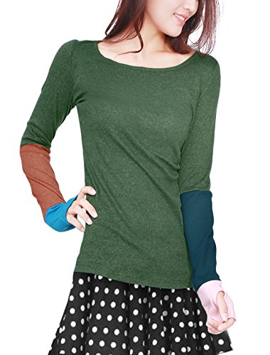 Allegra K Women Color Block Thumb Hole Sleeve Top Slim Fit T Shirt S Dark Green
