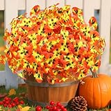 AmberFun 16 Bundles Artificial Fall Flowers for Outdoors, Realistic No Fade Fake Silk Flowers, Faux Fall Plants for Outside Planters, Porch, Patio, Garden Decor(Sunset)