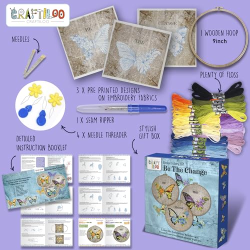 Image of CRAFTILOO Embroidery Kits for Adults Hand Embroidery kit for Beginners with Stamped Embroidery Patterns Starter Embroidery Kit. Needlepoint kit Cross Stitch kit for Teens& Adults Butterflies
