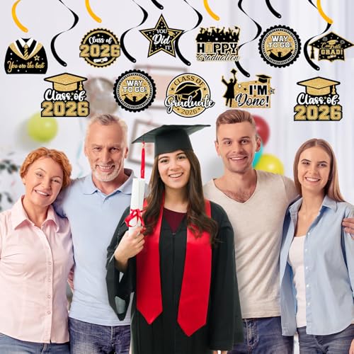 Image of 20 Pack Graduation Party Decorations 2026 - Congrats Grad Hanging Decoration, Black Gold Glittery Graduations Hanging Swirls Ceiling Streamers Ornaments for Class of 2026 Graduation Decorations Favors