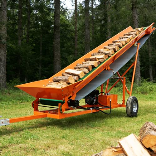 Image of 12-Inch Gas Powered Firewood Conveyor, 6.5HP 208cc Engine, 31-Ft PVC Belt, Hydraulic Variable Speed, 9.8-Ft Adjustable Lift Height, Towable Wood Conveyor, 110-lb Load