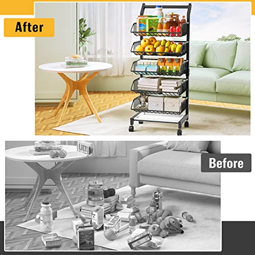 Fruit And Vegetable Bascket, 5 Tier Stackable Metal Wire Basket Cart, Rolling Carts With Lockable Wheels, Multifunctional Utility Cart For Office, Living Room, Kitchen, With Detachable Basket #TOP4