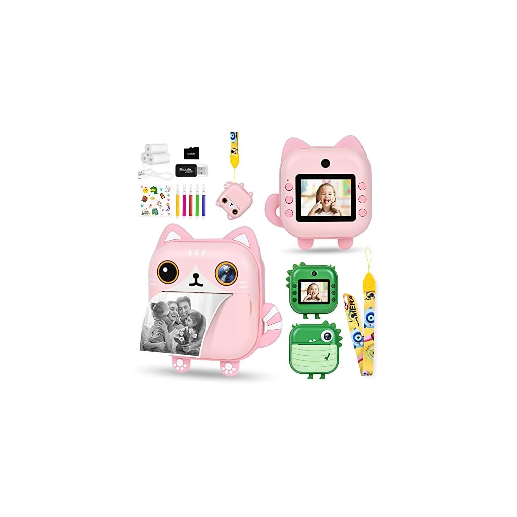 Ainiv-Instant-Print-Cameras-for-Kids-24-Inch-Kids-Digital-Camera-with-Dual-Camera-1080P-Kids-Camera-with-Zero-Ink-Print-Papers-5-Color-Pens-32GB-SD-Card-Gifts-for-3-12-Year-Old-Boys-Girls-Pink