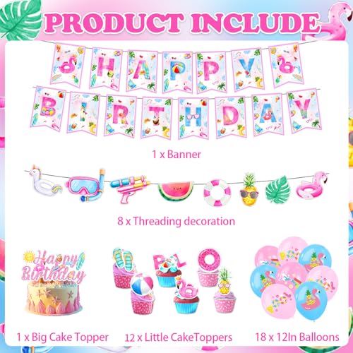 Image of Summer Pool Beach Party Decorations - Happy Birthday Pool Banner,Cake Topper with Cupcake,Balloons,Happy Birthday Swim Party Supplies for Girls