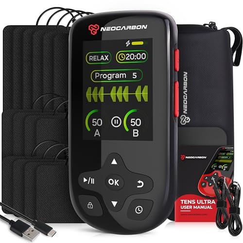 NEOCARBON TENS Unit Muscle Stimulator Ultra for Pain Relief & Recovery, TENS Machine with PMS Steady Mode, Dual Channel Stim Machine for Muscle Therapy, Black
