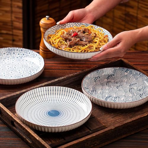 Image of Japanese Style 8-Inch Ceramic Round Dinner Plate - Microwave & Dishwasher Safe, 20.4x4.3cm Porcelain Dish for Seafood, Appetizers & Snacks, Waves (4 Piece)