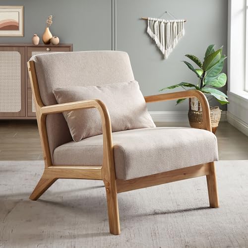 Sicaan Fauteuil Salon Beige Scandinave Marie - Fauteuil Scandinave Confortable en Lin avec Coussin - Accoudoirs en Bois Courbé Design Moderne Élégant Relax...