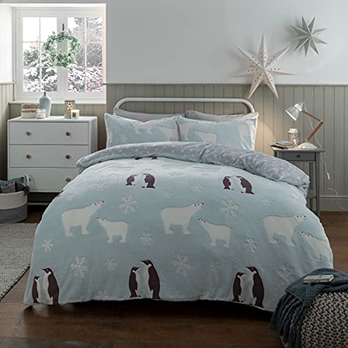 Sleepdown Juego de Funda de edredón Reversible con diseño de pingüino y Oso Polar Que Brilla en la Oscuridad, Forro Polar, cálido, súper Suave, con Funda de Almohada, Individual (135 x 200 cm)