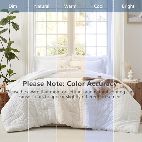Image of CozyLux King Size Comforter Set White, 7 Pieces Seersucker Textured Luxury Bed in a Bag, All Seasons Soft Bedding Sets with Down Alternative Comforter, Sheets, Pillowcases & Shams, Bedroom Bed Set