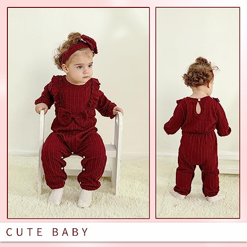 Image of Happy Town Baby Girl Romper Infant Fall Winter Clothes Ruffle Sweater Long Sleeve Bodysuit Jumpsuit and Headband