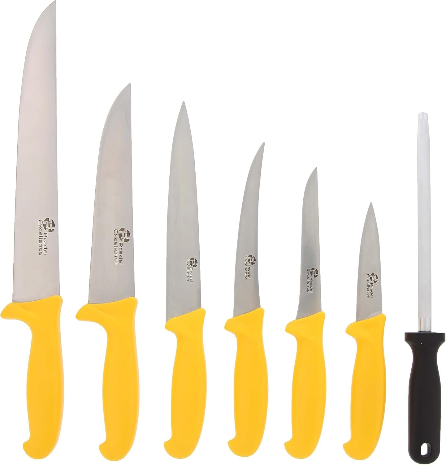 Pradel Excellence - PCOT005008 - Sac Couteaux de Boucher 7 Pièces - 6 Couteaux + 1 Fusil d’Affûtage - Lames Inox- Compatibles Lave-Vaisselle - Sac de Rangement Convertible en Tablier