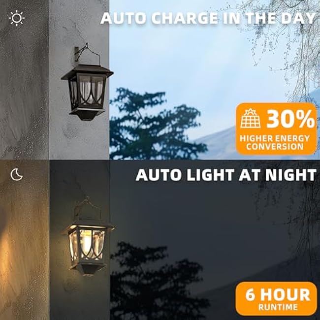 Solar Lanterns Outdoor Waterproof 2 Pack, Glass Auto On/Off LED Hanging Solar Lights, Outdoor Lantern with Wall Mount for Yard Fence Patio - Black