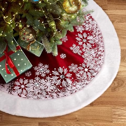 GMOEGEFT Christmas Tree Skirt 32 Inches Red Velvet with Snowflakes Xmas Decorations Holiday Decor Cover