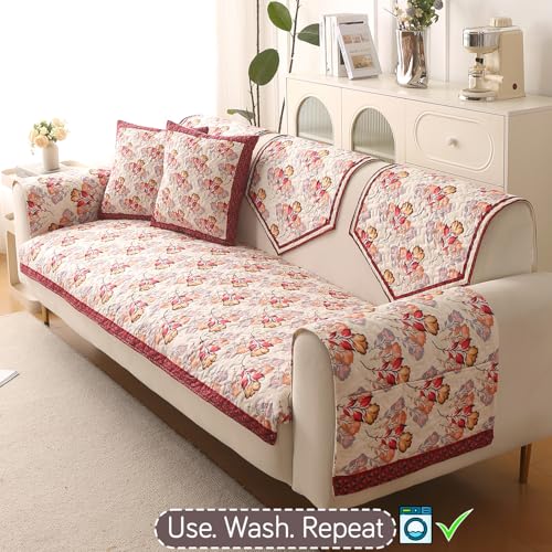 Image of HOKIPO 'Florentina Series' Premium Holland Velvet 5 Seater Sofa Cover Mat in 3+1+1 Configuration with Foam Filling for Extra Softness, Anti-Slip Backing, Autumn Cream (IN-881+878 * 2-V3)