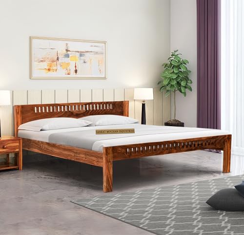 Image of SANKAT MOCHAN Industries Solid SHEESHAM Honey Brown Wooden Queen Size Bed Double Bed Furniture for Bedroom (Matters Size 60 * 72) (Honey Finish)