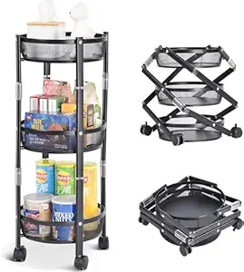 Kiesh 3-Tier Metal Storage Rolling Cart, Foldable Utility Cart on Wheels Assembly-Free, Versatile Serving Organizer Trolley with Lockable Wheels for Kitchen, Living Room, Bathroom, Black