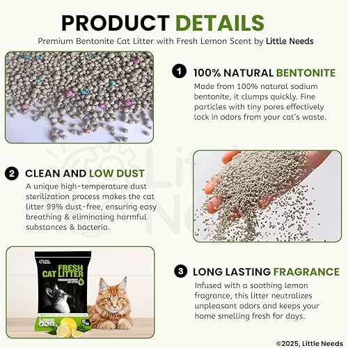 Image of Premium Bentonite Cat Litter Sand - 10kg | (5kg x 2 Packs) with Lemon Fragrance | Low-Dust, Strong Odour Control, Instant Clumping Litter for Cats & Kittens