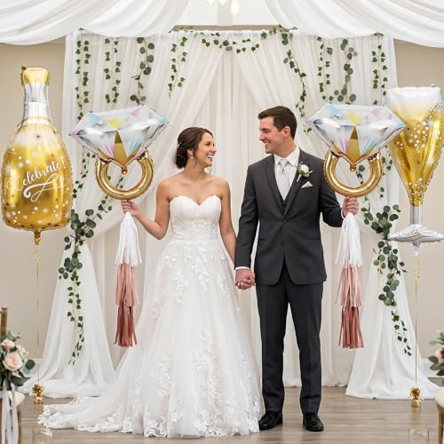 Image of Gold Glitter Ring Bachelorette Party Balloons, Gold Champagne Bottle Balloons Diamond Ring Foil Balloon for Bachelorette Engagement Wedding Bridal Shower Celebration Anniversary Party Decorations