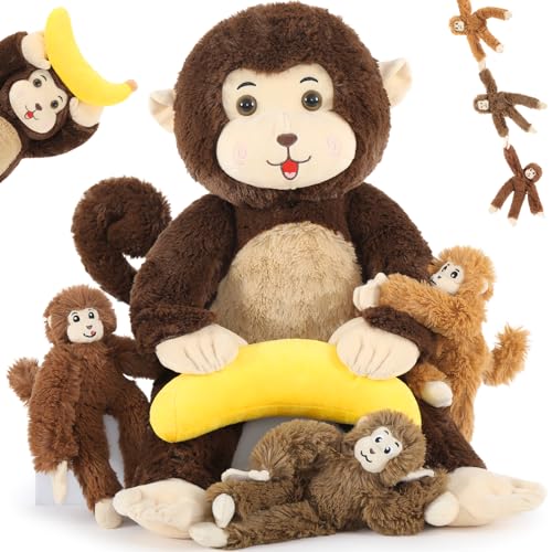 MaoGoLan Giant Monkey Stuffed Animal with Babies, Soft Stuffed Monkey Plush Toy with Banana Gift for Kid Girl Boy, Mom & 3 Small Hanging Babies Plush Set for Birthday Baby Show Christmas Decor