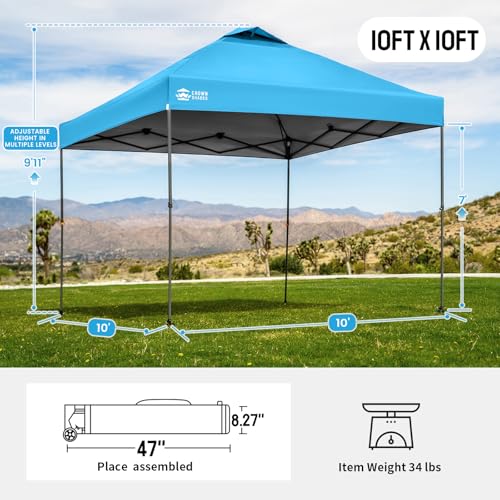 Image of CROWN SHADES Adjustable Height on The Fly, 10x10 Pop Up Canopy - Beach Tent with One Push Setup - Easy Outdoor Sun Shade for Events, Parties, Camping - Outside Shade with STO-N-Go Bag, Sky Blue