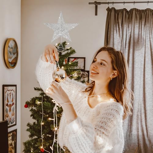 Topo de árvore de Natal, enfeite de árvore de Natal prata com glitter de 25 cm estrela oca de metal