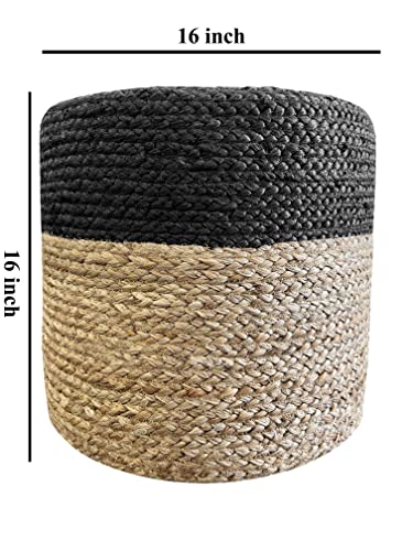 S & L Homes Pouf Ottoman - 100% Jute Braided Hand Knitted Traditional Cord Boho Pouffe for Living Room, Bedroom, Nursery, Patio, Lounge Colorblock - Natural Black (16”x16”x16”) - Image 2