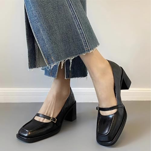 Women's Leather Block Heel Mary Janes Classic Square Toe Buckle Mid Block Heel Pumps for Wedding Party Dress Shoes4