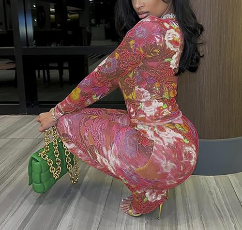 Image of acelyn Women Sexy Two Piece Outfits Mesh Printed Bodycon Flared Pants Sets Club Going Out Birthday Outfits