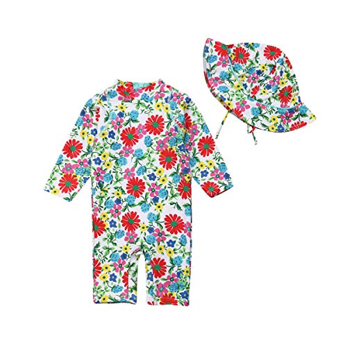 Toddler Baby Girl Floral Swimsuit Rash Guard Long Sleeve Sunsuit One Piece Swimwear +Sun Hat for Girls (Floral, 1-2 T)