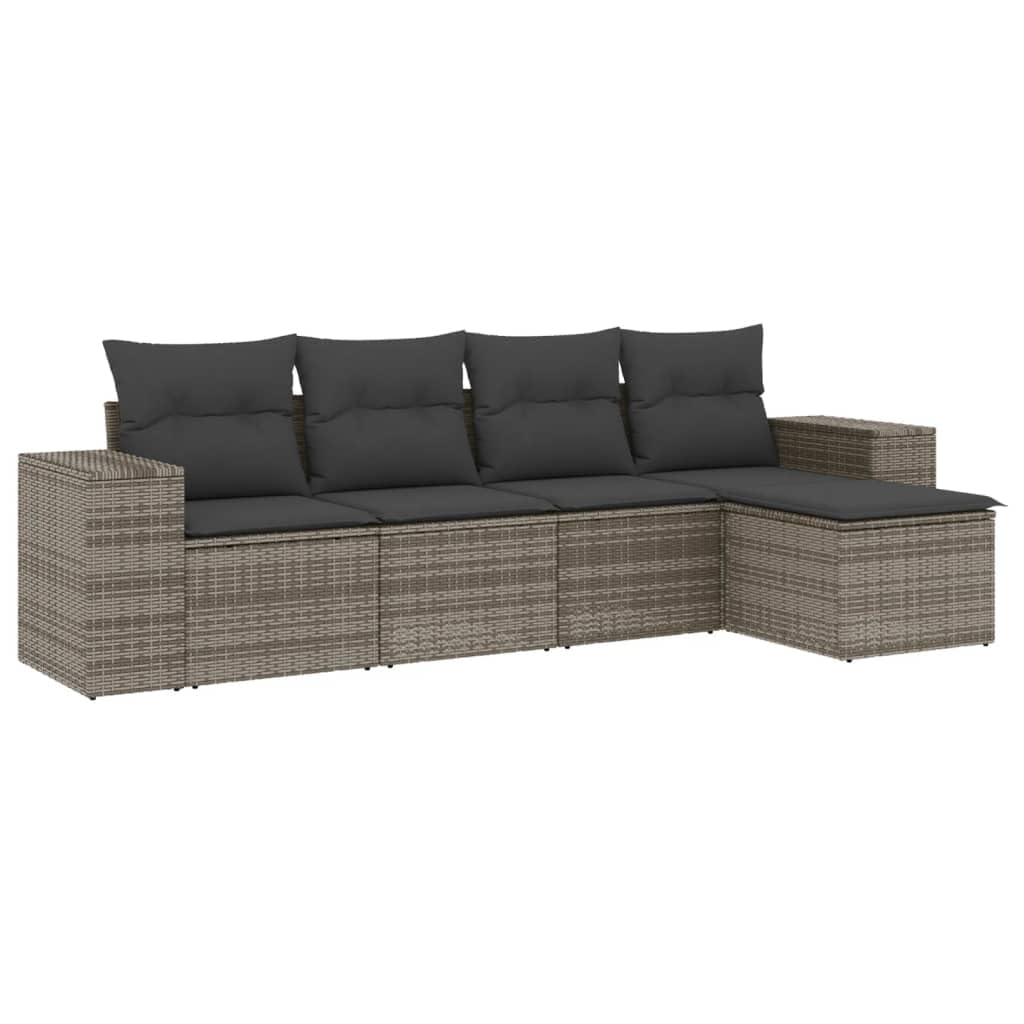 Set Divano da Giardino 5 pz Polyrattan Modulare con Cuscini Grigio | Salotto componibile da esterno per cortile o terrazza, dotato di sedute accoglienti con cuscini imbottiti e sfoderabili.