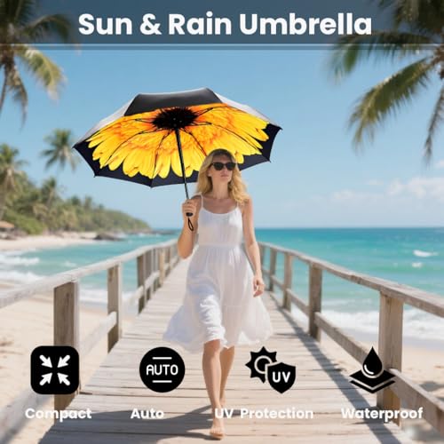 Image of SIEPASA Compact Travel Umbrella - Windproof Auto Open /Close, Small Folding Umbrella for Rain & Sun with UPF50+ - Lightweight Frame, Waterproof - Fits Backpack, Purse, Suitcase.(Sunflower