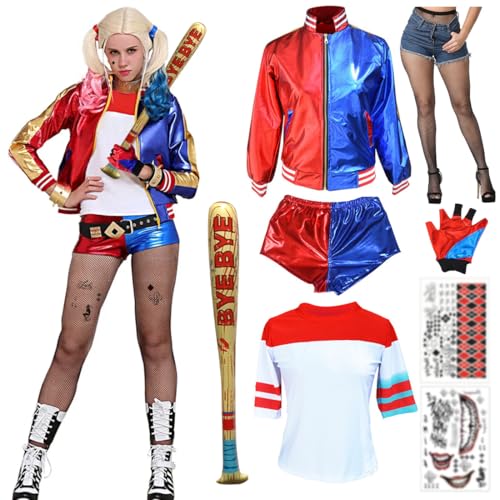 Capaneus Faschingskostüme Damen, Cosplay Kostüm Blau Rot mit Jacke, T-Shirt, Shorts, Handschuh, Tattoos, Netzstrümpfe Accessories für Erwachsene Damen Karneval Halloween Cosplay Party