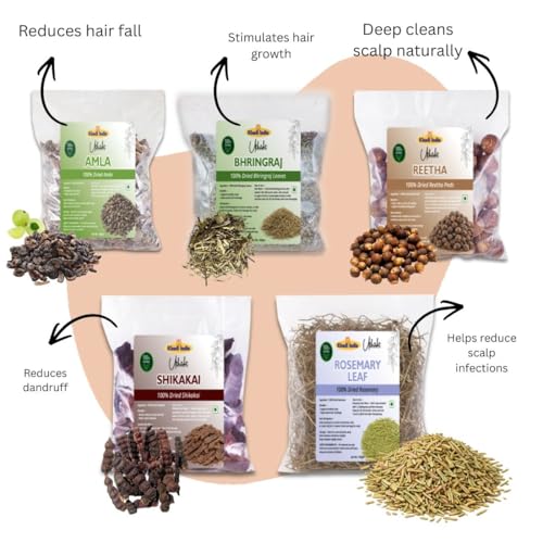 Image of Khadi Utkrisht Dried Amla, Bhringraj, Shikakai, Reetha & Rosemary Combo | Natural Herbal Ingredients for Hair Wash, & DIY Hair Treatments - Pack of 5