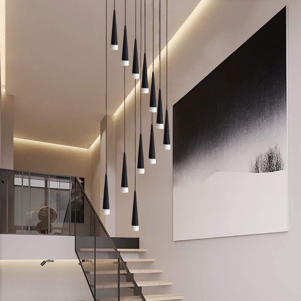 Semi-luz De Techo De Montaje Al Ras,Escaleras De Caracol De Apartamento Luz De Techo,Lámpara De Suspensión Creative Villa,15 Cabeza Loft Largo Lámpara De Sala Luz Blanca Negra 15-light