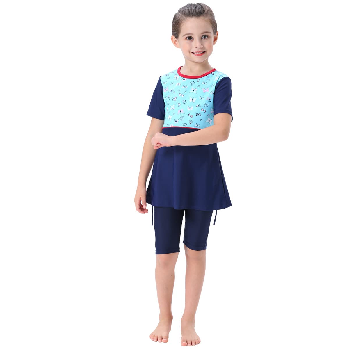 Muslim Swimsuit for Girls Kids 2 Pieces Modest Islamic Swimwear Burkini Full Cover Hijab Butterfly Print Top Pants Swimming Cap Costume Beachwear Bathing Suit Navy Blue Butterfly - Short 9-10 Years