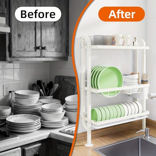 Image of Dish Rack for Worktop, 3-Tier Dish Drainer with Wall Support, No Drilling, Drip Tray & Suction Cups, Cream White.