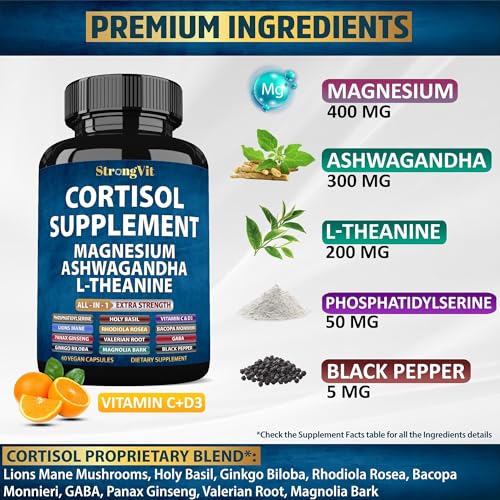 Cortisol Supplements for Women and Men with Magnesium, Ashwagandha & L-Theanine. High Cortisol Reducer, Manager, Detox, Lower and Control. Sleep Support & Stress Relief, USA - Image 3