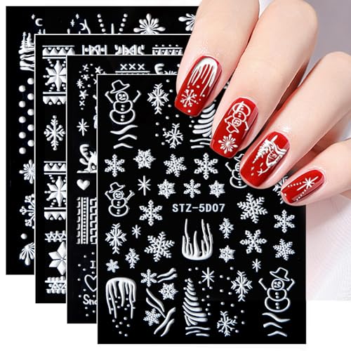 4 Hojas Pegatinas Uñas Navidad, Decorativa Adhesivos para Uñas 5D Copos de Nieve Etiqueta Uñas Nail Art Stickers para Mujeres Niñas Decoraciones de Uñas de Bricolaje
