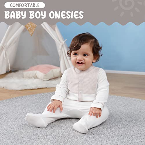 Booulfi Baby Boy Long Sleeve Romper White Onesies Footies Solid One Piece Jumpsuit Striped Collared Newborn Premier Coming Home Clothes Christening Baptism Outfit For Boys 6-9 Months #TOP2