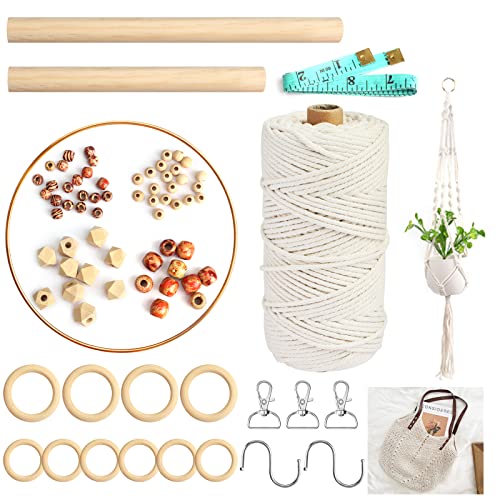 Makramee Set 3 mm Macrame Cord Cotton Yarn Natürliche Makramee DIY Bastelset für Erwachsene Wandbehang mit Schlüsselanhänger Holzperlen Holzstäbchen Holzringe Metallring usw. Boho Deko (100 m lang) Cover