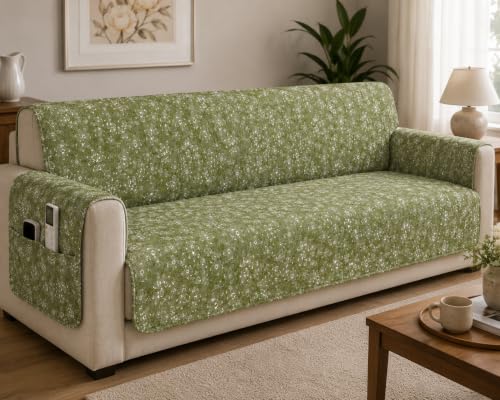 Image of STITCHNEST 'Opulence Series' Floral Woven Sofa Cover for 3 Seater | Premium Soft Fabric Sofa Protector | Green Floral Pattern with Armrest Pockets | Durable Living Room Furniture Cover
